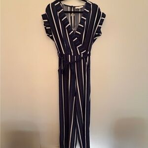 Monteau Jumpsuit Plunge Neckline |Navy & White Stripe
